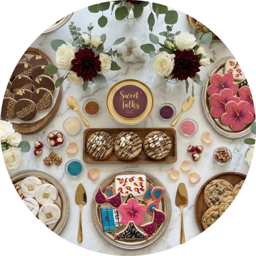 Dessert showcase displaying a variety of custom made cookies along with floral arrangements with the name Sweet Talks LLC in the center.