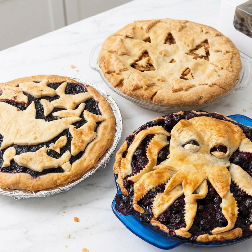 Three custom pies on a white table