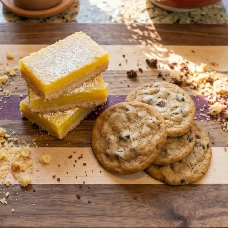 Stack of 3 Lemon Bars next two 4 chocolate chip cookies on a wooden cutting board in a well lit kitchen